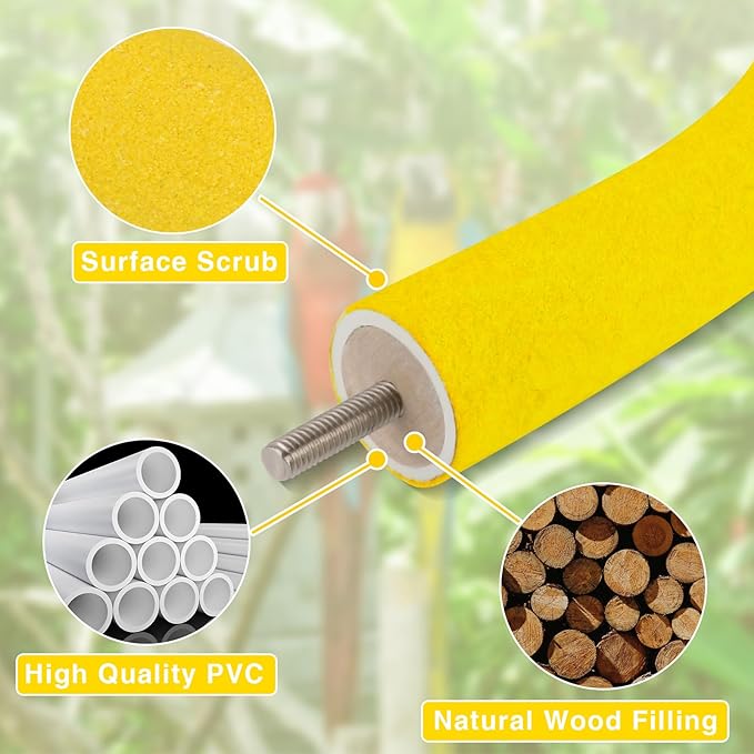 Rypet U Shape Parrot Perch Stand Toy for Paw Grinding Clean Stick Exercise, Rough-Surfaced Quartz Bird Perch Standing Cage Accessories for for Small Parakeets Cockatiels Conures Macaws (Yellow M)