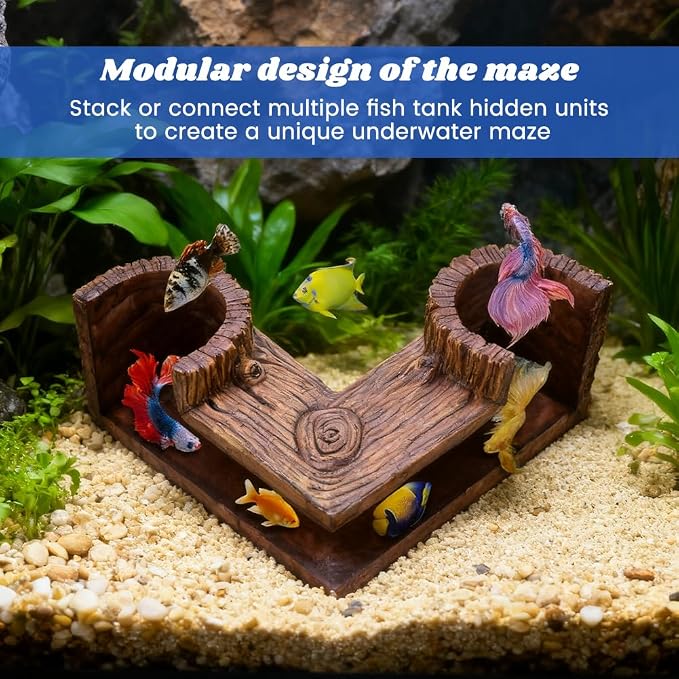 Aquarium Cave, 5.1” x 2” x 2.6” Wood-Like Fish Tank Cave for Corners, Fish Tank Accessories Tunnel Cave & Hideout for Aquarium Guppy, Corydoras Catfish, Bettas Hide(Color:Brown)