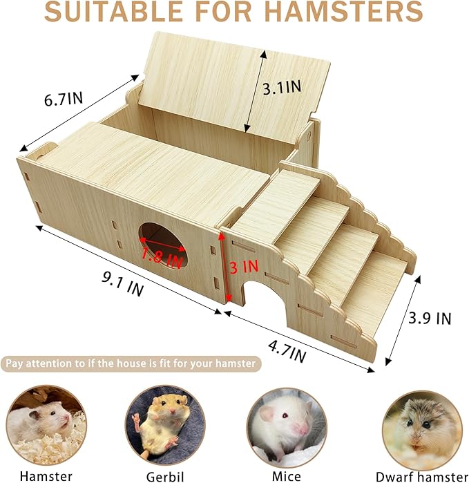 Wooden Hamster Hideout Tunnel Multi-Chamber House Hiding Hut Maze Platform Habitats Exploring Toys for Gerbil Rat Mice