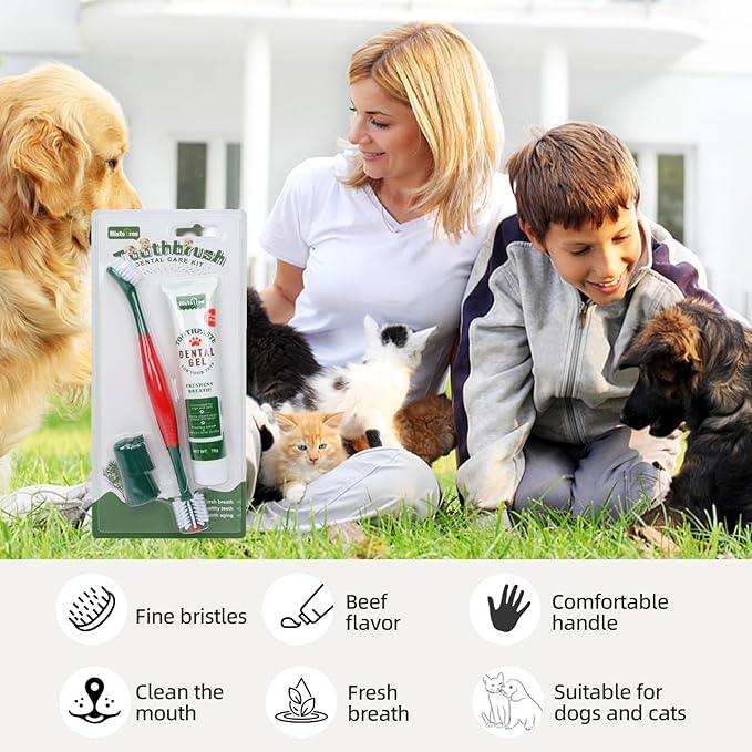 Dog Toothbrush and Toothpaste Kit Beef Dog Toothpaste(70g) Soft Nylon Double-Head Dog Toothbrush Green Dog Finger Toothbrush Puppy Tooth Brushing Kit Pet Dental Care Kit for Dogs and Cats