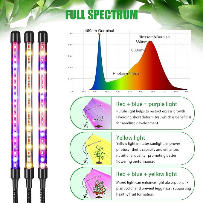 RWNTAO LED Plant Grow Light with Flexible Gooseneck, Suitable for Indoor Plants, Full Spectrum Clip on Plant Growing Light with Red, Blue, Yellow Beads, 10 Brightness Levels, 3/9/12H Auto Timer