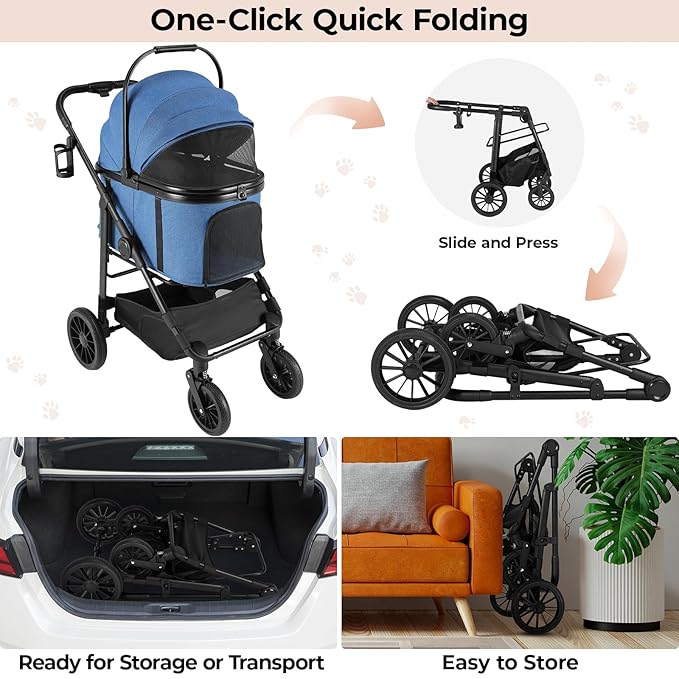 MAMIZO Pet Stroller for Medium Dogs Cats Up to 55 lbs, All-Terrain 3-in-1 Dog Stroller with Detachable Carrier, Rubber Wheels, One-Click Folding, Storage Basket & Cup Holder, for Senior Dogs & Cats