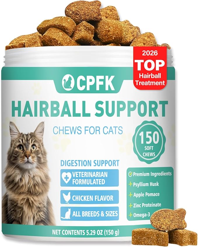 Cat Hairball Remedy Treats, 150 Soft Chews Cat Hair Ball Treatment Furball Control Relief Helps Eliminate and Prevent Hairballs for Indoor Cats Supports Skin and Coat Digestion Chicken Flavor