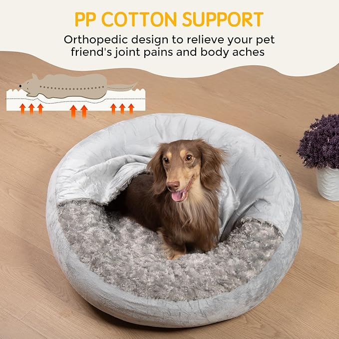 Small Dog Bed with Blanket Installation Required Removable Cover Cave Washable Cat Pet Bed for Crate Toy Puppy Donut Round Pad Plush Cozy Anti-Slip Bottom Gray 23X23X7 inch