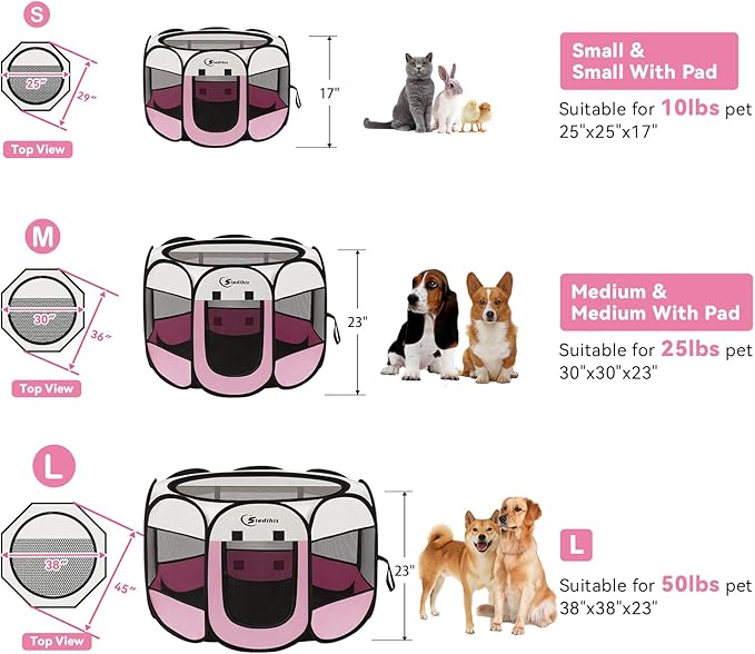 Siedihit Pink Dog Cat Playpen, Puppy Pet Playpen Indoor for Small Dog Crate Tent Cage Outdoor, Portable Pop Up Dogs Enclosure Kennel with Carrying Case for Dogs/Cats/Rabbits