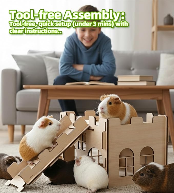 HIIMALEX Sturdy Guinea Pig Hideout Wooden Castle for Guinea Pig Chinchilla Hedgehog Gerbil Hamster Rat House Habitat for Playing and Hiding (GPG-MT)