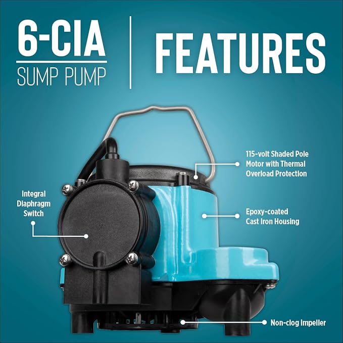 Little Giant 1/3 HP Cast Iron Submersible Sump Pump, Blue | Automatic Integral Diaphragm Float Switch, 2760 GPH, Cast Iron Housing, Polypropylene Base, 10-Foot Cord, 115V, Model 6-CIA