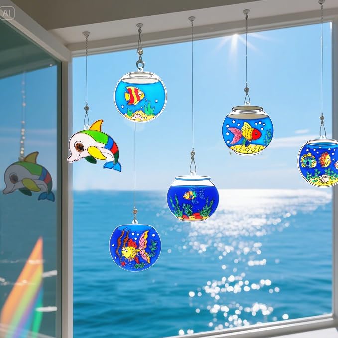 Ayhuhra 30 Set Fishbowl Suncatcher Craft Kits, Sea Animal Fish Tank Art | Under the sea crafts for summer parties, beach decor, ocean themes, aquatic art projects, and sunny window displays