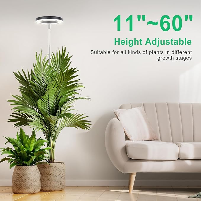 LORDEM Black Full Spectrum LED Grow Light, 72 LEDs, 4 Brightness Settings, Auto On/Off Timer, Height Adjustable, Ideal for Large Plants | 72 LEDs Plant Light, Auto Timer 4/8/12H, 4 Dimmable Levels, Height Adjustable 9.8-65 inch, Ideal for Tall Houseplants
