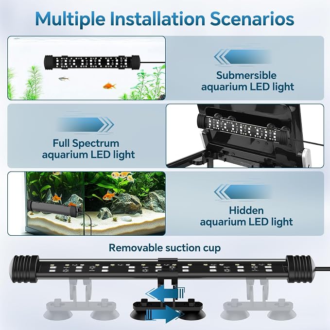 AQQA 8.27 Inch Submersible Aquarium Light, 24/7 Mode Fish Tank Light | 7 Adjustable Angles, 9 Color Options, 4 Rows Beads, Dimmable & Timer Control, IP68 Waterproof Full Spectrum Plant Light