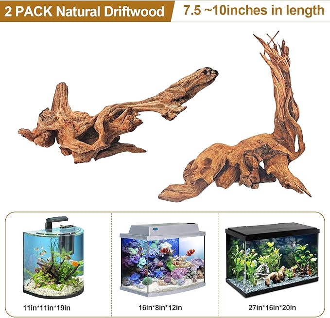 Natural Driftwood Decor for Aquarium Decorations Reptile Tank Accessories, Assorted Wood Branches Decorations on Reptile Fish Tank 2-10" 2 Pcs/4 Pcs/ 5 Pcs/ 6 Pcs (Pack of 2 (7.5 to 10 Inch))