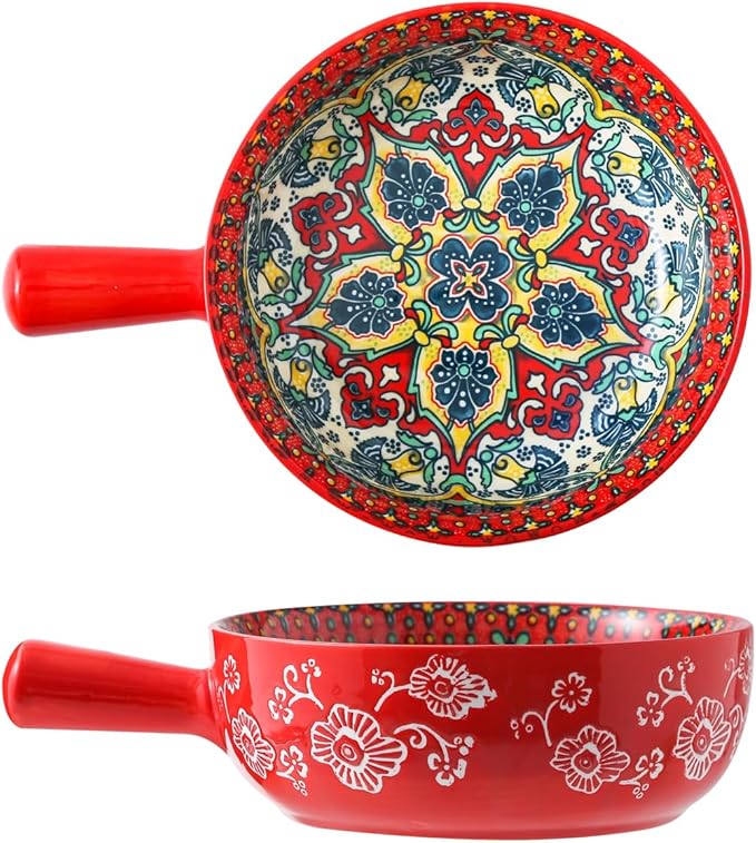 Bohemian Ceramic Soup Bowl with Handle – 23oz Spaghetti Bowl, 8.66" Length – Wide and Shallow for Soup, Colorful Floral Interior – Microwave & Dishwasher Safe Pasta Salad Dish Red