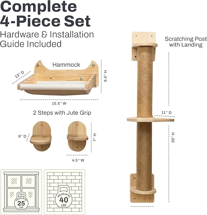 4-in-1 Window & Wall Mount Cat Wall Shelves – Hammock, Scratching Post & Perch | Fits up to 40 lbs | Space-Saving Pet Furniture for Windows, Glass & Drywall | Modern Wood Cat Shelf Set