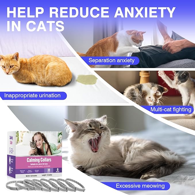 Calming Collar for Cats 8 PK Cat Stress and Anxiety Relief Pheromone Collar for Cats Anti Aggression for Cats Cat Meowing Stopper Cat Calming Collars for 30 Days Adjustable Waterproof Rapid Effect