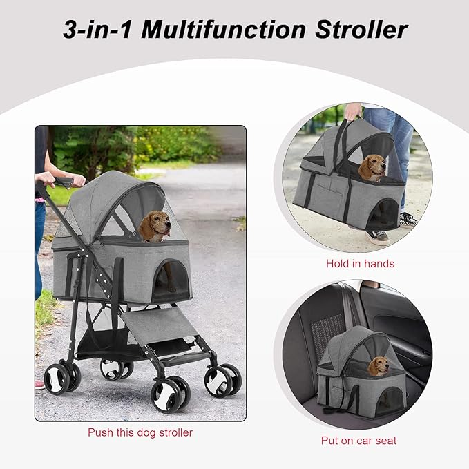 BestPet Pet Stroller Premium 3-in-1 Multifunction Dog Cat Jogger Stroller for Medium Small Dogs Cats with Folding Lightweight Travel & Detachable Carrier,Grey