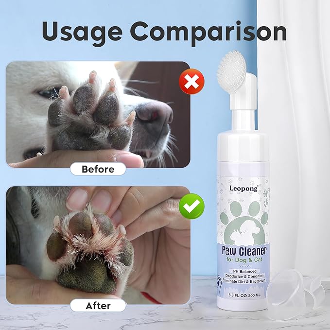 Leopong Dog Paw Cleaner & Cat Foot Wash - Gentle No-Rinse Foaming Mousse - PH Balanced Deodorizing Cleanser with Integrated Silicone Brush, 8.8 oz