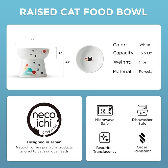 Necoichi Raised Cat Food Bowl – Ceramic Elevated Cat Bowl for Whisker & Neck Fatigue, Dishwasher Microwave Safe – Non-Slip & Anti Vomiting Ergonomic Design (Fuji, Large, 2-Cup Capacity)