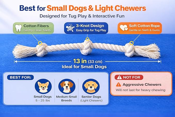 2-Pack 13" Cotton Rope Dog Toys for Small & Medium-Small Dogs – Tug Play, Light Chewing & Teeth Cleaning, Interactive Play, White