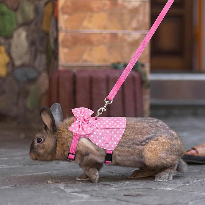Bunny Harness and Leash Set, Soft Mesh Rabbit Harness with Bow, Adjustable Escape Proof Vest for Small Pets Rabbits Kittens Guinea Pigs (Pink Polka Dots, M)