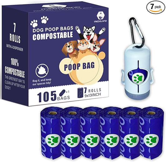 Compostable Dog Poop Bags BPI Certified Biodegradable Pet Waste Bags Leak-Proof Thickened and Opaque Eco Design (7 rolls & a dispenser)