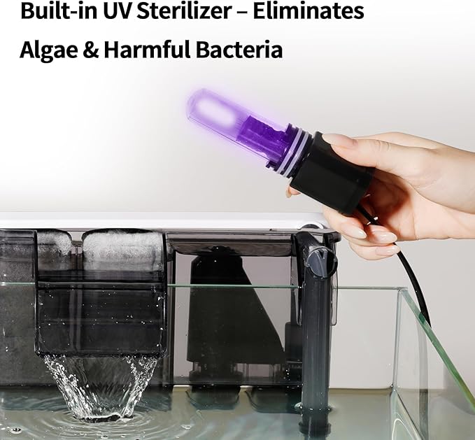 U3 Aquarium Filter with Built-in UV Sterilizer for Green Water Control,Extra-Large Filter Chamber,Anti-Splash High Walls & Extended Adjustable Intake Pipe for 30-75 Gallon Fish Tanks