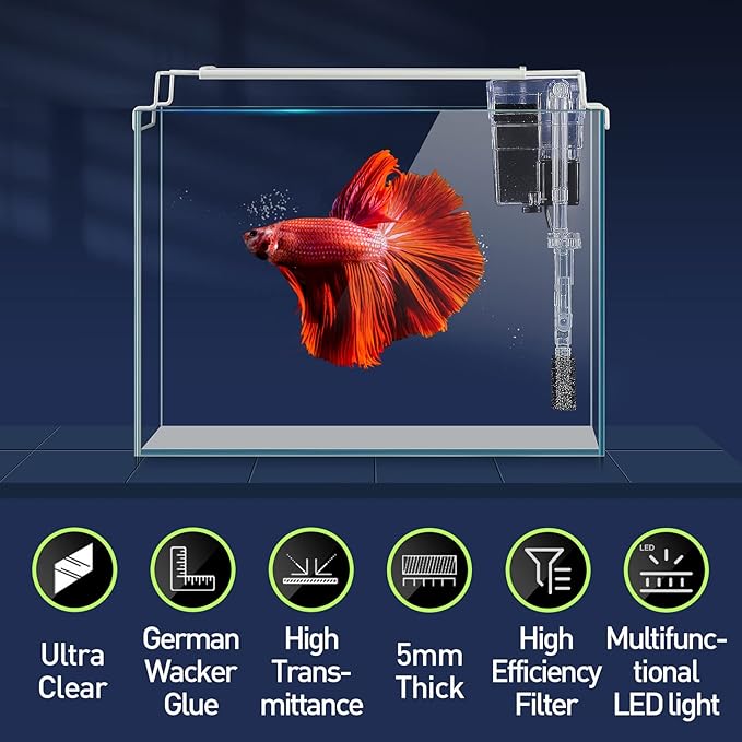 LAQUAL Rimless Glass Aquarium Starter Kit (3 Gal), Ultra Clear Low Iron Glass Fish Tank Set, Small Beta Fish Tank & Filter with Surface Skimmer & 3-Mode LED Light