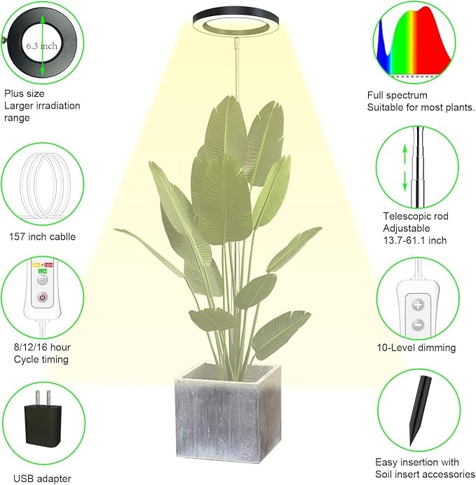 Plant Grow Light, LED Growing Light Full Spectrum for Indoor Plants, Paired with a Soil Tester,Height Adjustable, Automatic Timer, 5V Low Safe Voltage,Idea for Large Plant Light