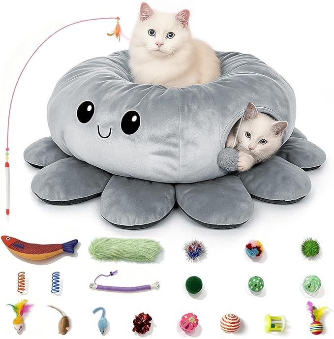 Cat Tunnel Bed for Indoor Cats, Peekaboo Cat Cave Bed with 20 Pcs Cat Toys, Soft Cat Donut Tunnel for Kitten Large Cats, Grey Octopus
