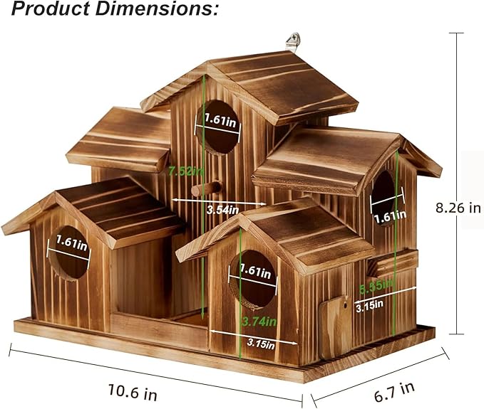 Bird House for Outside 5 Hole Bird Houses Room for 5 Bird Families Large Bird House for Garden/Courtyard/Backyard for Garden Decor-Finch Bluebird Cardinals Handmade Wooden Hummingbird House