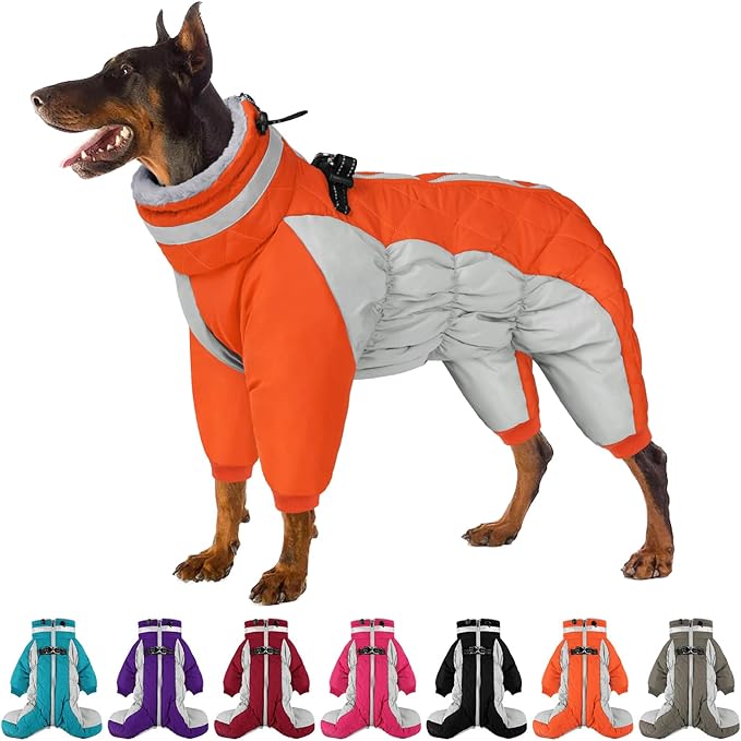 Full Body Dog Coat - Warm Fleece Jacket for Extra Large Dogs, Turtleneck Winter Coats with Harness, Reflective Dog Snowsuit Windproof Puffer Jackets with Legs for Great Dane, Orange 3XL