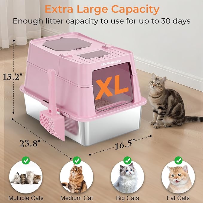 URPOWER Stainless Steel Cat Litter Box with Flip-Top Lid Extra Large Enclosed Litter Box Non-Sticky Metal Pan with High Sided & Scoop, Odor Free, Front & Top Entry, Anti-Leakage, Easy Cleaning