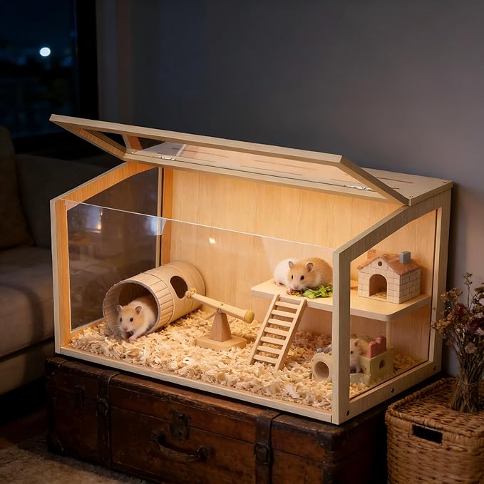 Hamster Cage: Wooden Small Animal Cage with Warm Light - 32Inch Large Clear Hamster House Chewy Proof with Openable Breathable Top