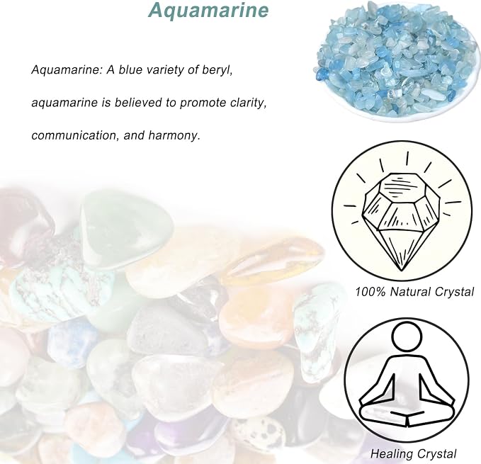 Erliway 100g Natural Aquamarine Crystal Chips 7-9mm Tumbled Stones | Small Crushed Crystal Stone, Polished Crystals Chips for Fish Tank, Healing Tumbled Rocks for Reiki Jewelry Making Home Décor