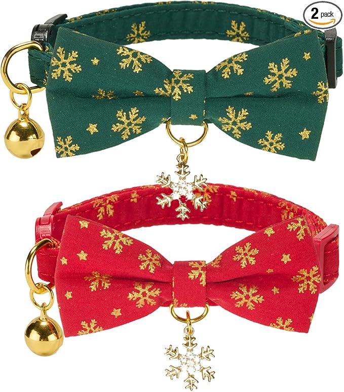 Christmas Cat Collar 2 Pack Cotton Bowtie Cat Collars Glittery Snowflakes Cute Kitten Collar(Red+Green)