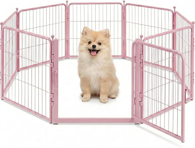 Pink Dog Playpen for Small Dogs & Puppies - 24 Inch Metal Pet Fence Indoor Outdoor with Door, Foldable Exercise Pen, Portable Rabbit Enclosure for Camping, RV, Yard (8 Panels)