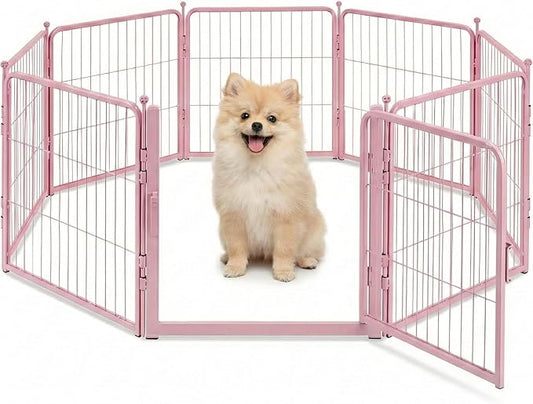 Pink Dog Playpen for Small Dogs & Puppies - 24 Inch Metal Pet Fence Indoor Outdoor with Door, Foldable Exercise Pen, Portable Rabbit Enclosure for Camping, RV, Yard (8 Panels)