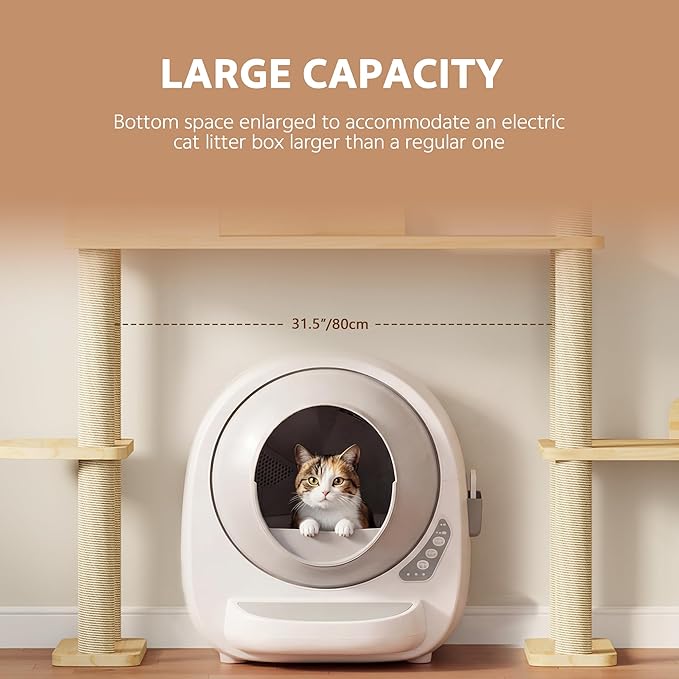 Cat Tree for Automatic Litter Box, 60Inch Large Cat Tower for Heavy Cats up to 22lbs, Solid Wood Cat Shelf with Condo, Space-Saving for Indoor Multi-Pet Households, Stops Furniture Scratching