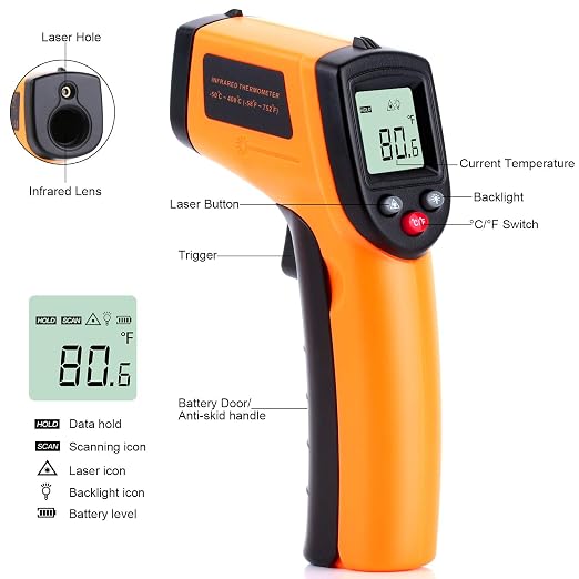 Infrared Temp Gun Thermometer, Non-Contact Digital Laser Infrared Thermometer Temperature Gun, IR Thermometer Heat Temperature Reader Gun (-58°F ~ 752°F)