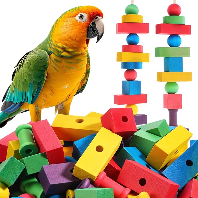 Bird Toys for Parrot, 165 Pcs Colorful DIY Wooden Blocks Craft, Cage Chewing Playing Training Toy for Cockatoos, Macaws, African Grey and Small Medium Parrots