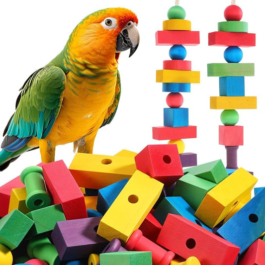 Bird Toys for Parrot, 165 Pcs Colorful DIY Wooden Blocks Craft, Cage Chewing Playing Training Toy for Cockatoos, Macaws, African Grey and Small Medium Parrots