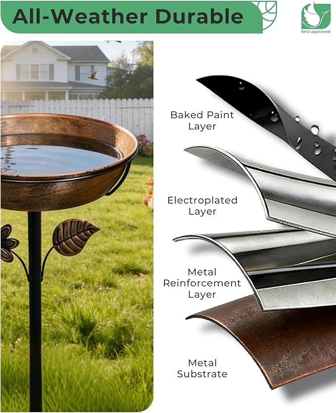 Metal Bird Bath for Outside, 3" Deep 12" Dia Removable Bowl, 36" H Garden Bird Bath | Stable 5-Prong Stake, Rust-Resistant, Easy Clean Outdoor Birdbath for Yard Lawn Patio