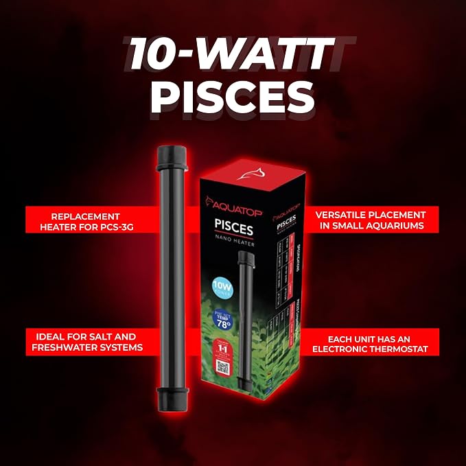 Aquatop 10W Pisces Nano Heater – Fully Submersible for Fish Tanks Up to 3 Gallons – Preset 78°F Thermostat – Heat-Resistant – PCS-10W