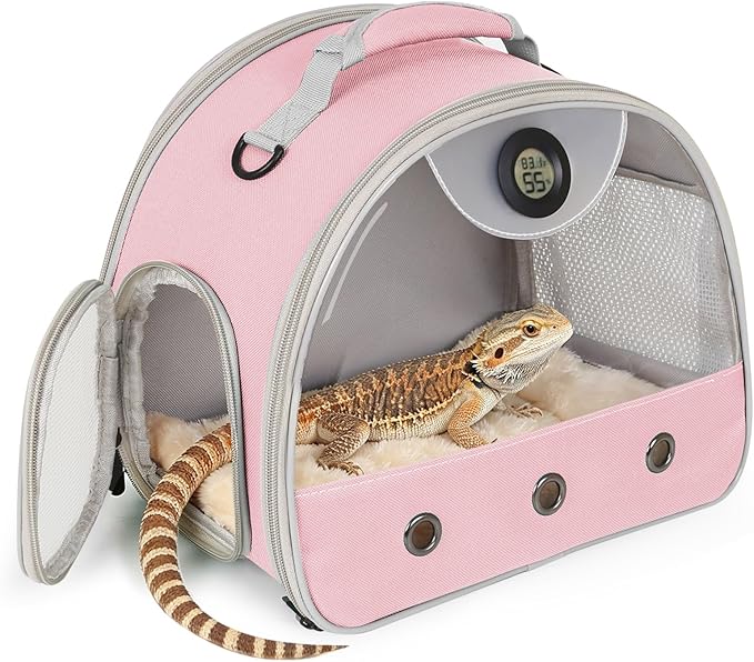 Bearded Dragon Carrier, Reptile Travel Bag with Built-in Thermometer Hygrometer, Breathable Small Animal Carrier with Clear View Window, Portable Lizard Habitat for Ball Python