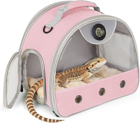 Bearded Dragon Carrier, Reptile Travel Bag with Built-in Thermometer Hygrometer, Breathable Small Animal Carrier with Clear View Window, Portable Lizard Habitat for Ball Python
