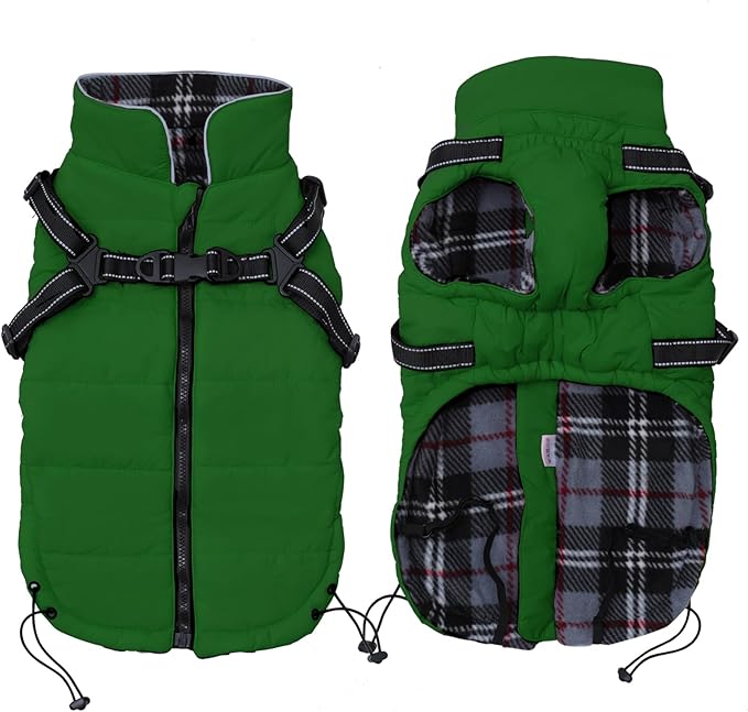 Geyecete Winter Warm Coat Waterproof Dog Jacket with Harness Traction Belt,Pet Outdoor Jacket for Small Dogs - Green