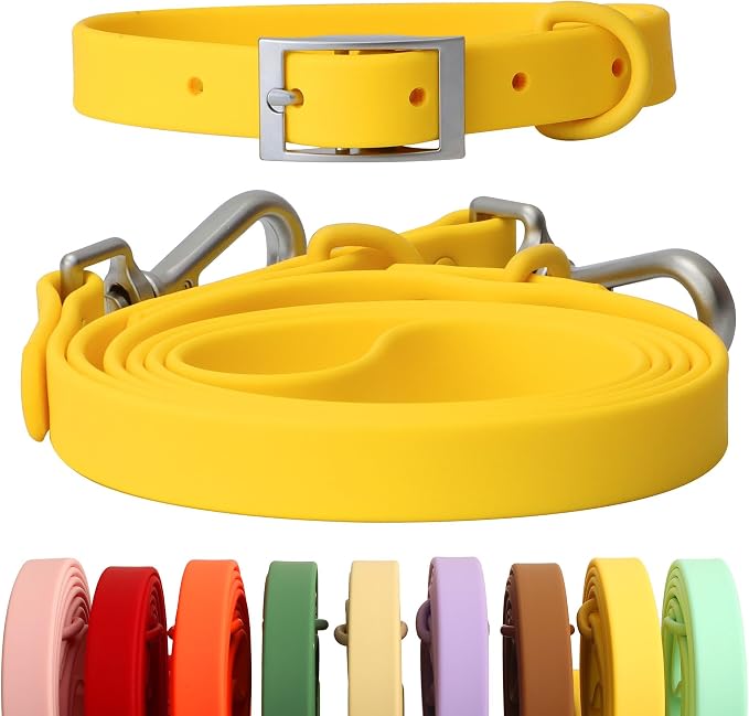 Dog Collar and Leash Set, Durable Waterproof Dog Leashes Collars, 5 Length Setting Adjustable Dog Collars for Large Medium Small Dogs (Yellow, XS)