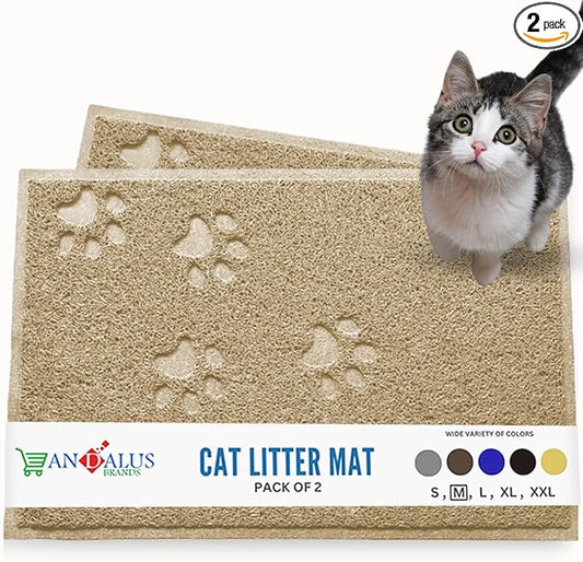 Andalus Medium Cat Litter Mat, Pack of 2 - Waterproof, Non-Slip & Easy to Clean Cat Litter Box Mat for Extra Efficient Pet Litter-Trapping, Beige (23.5” X 15.75”)