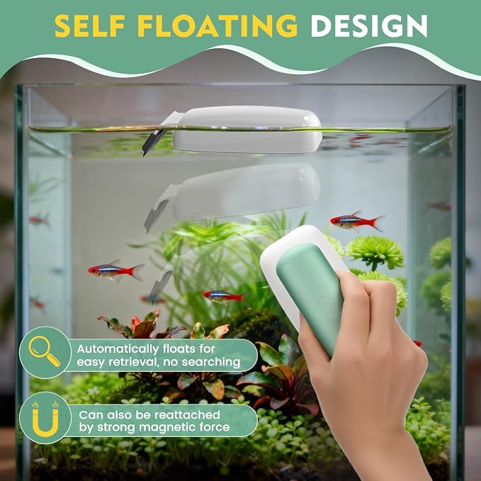 AQQA Aquarium Magnet Glass Cleaner with 2 Types of Blades, Self-Floating | Enhanced Magnetic Fish Tank Cleaner Aquarium Glass Scrubber Algae Scrapers for up to 0.5" Thick Glass/ Acrylic Aquariums (M)