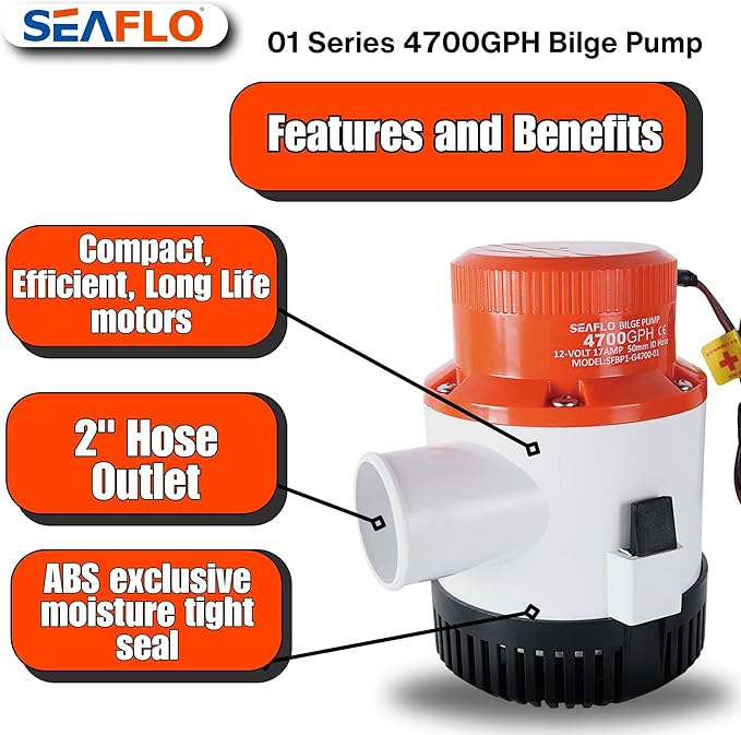 SEAFLO 01 Series 4700 GPH Bilge Pump – 12V, 2" Outlet, Marine Submersible Pump, Anti-Airlock Protection, Snap-Off Strainer Base, CE & RoHS Certified – 4-Year Warranty