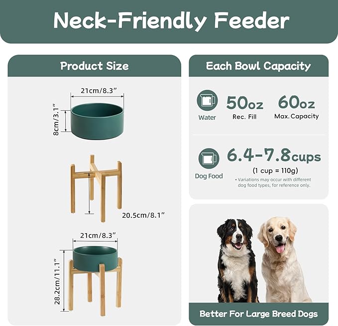 Havniva Ceramic Raised Dog Bowl Set, Elevated Dog Bowl with Stand, Food and Water Bowl for Large Breed Dogs, Weighted Pet Dishes(8.2'',60oz, Green)